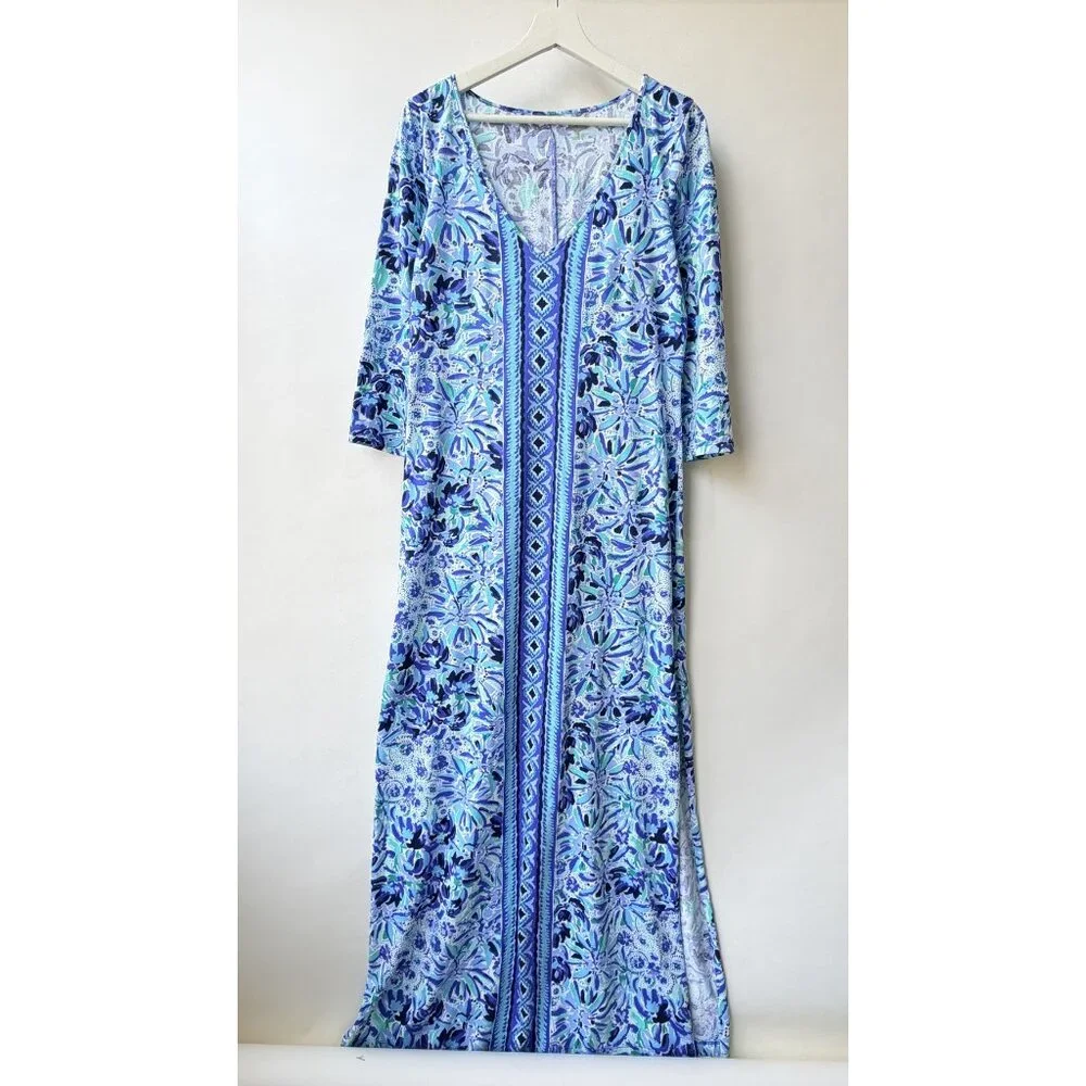 Lilly Pulitzer Maxi Dress Pima Cotton Iris Lion Print – Blue/White (Size M) - Picture 3 of 9